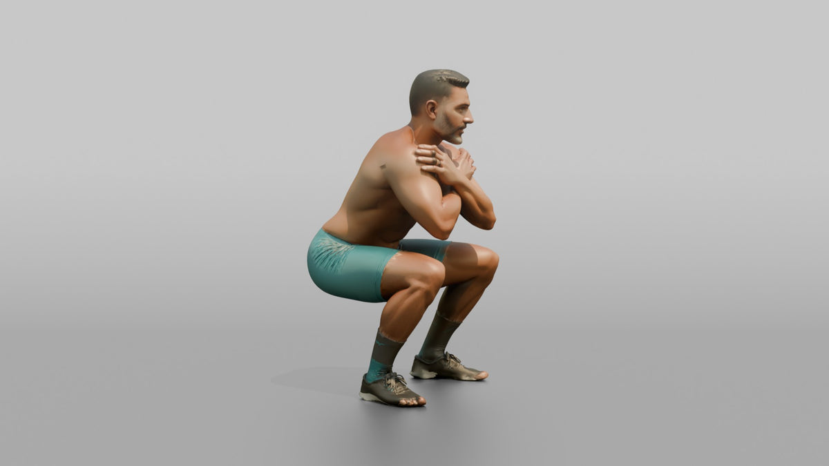 Bodyweight Athlete Man Holding A Deep Squat Position, Arms Crossed - 3D character model, view 2