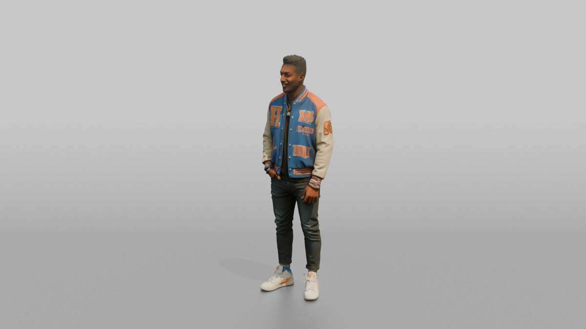 Patron Man Wearing A Vibrant Varsity Jacket, Confident Urban Stance - 3D character model, view 4