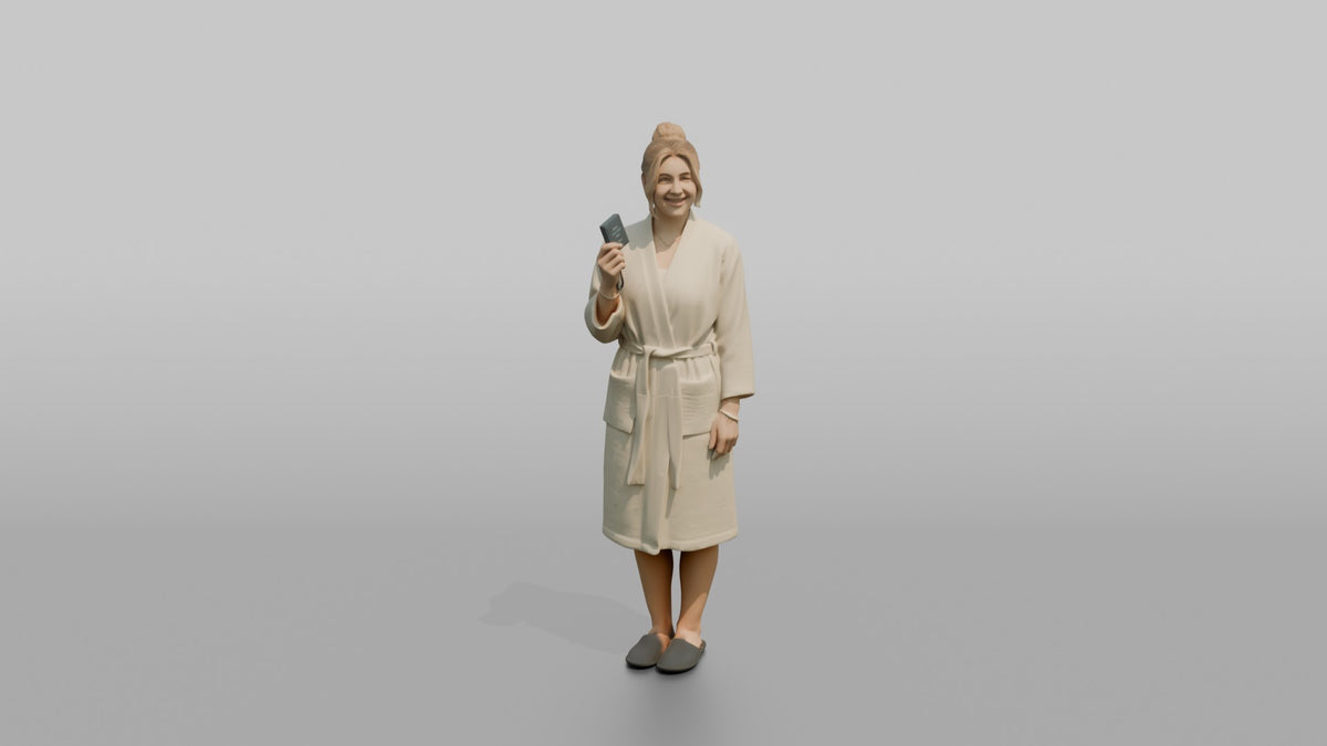 Spa Client Woman Standing Holding A Spa Locker Key Card - 3D character model, view 5