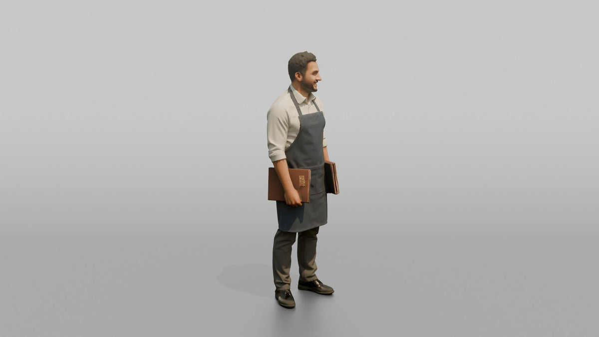 Host Man Holding Two Menus, One In Each Hand - 3D character model, view 2