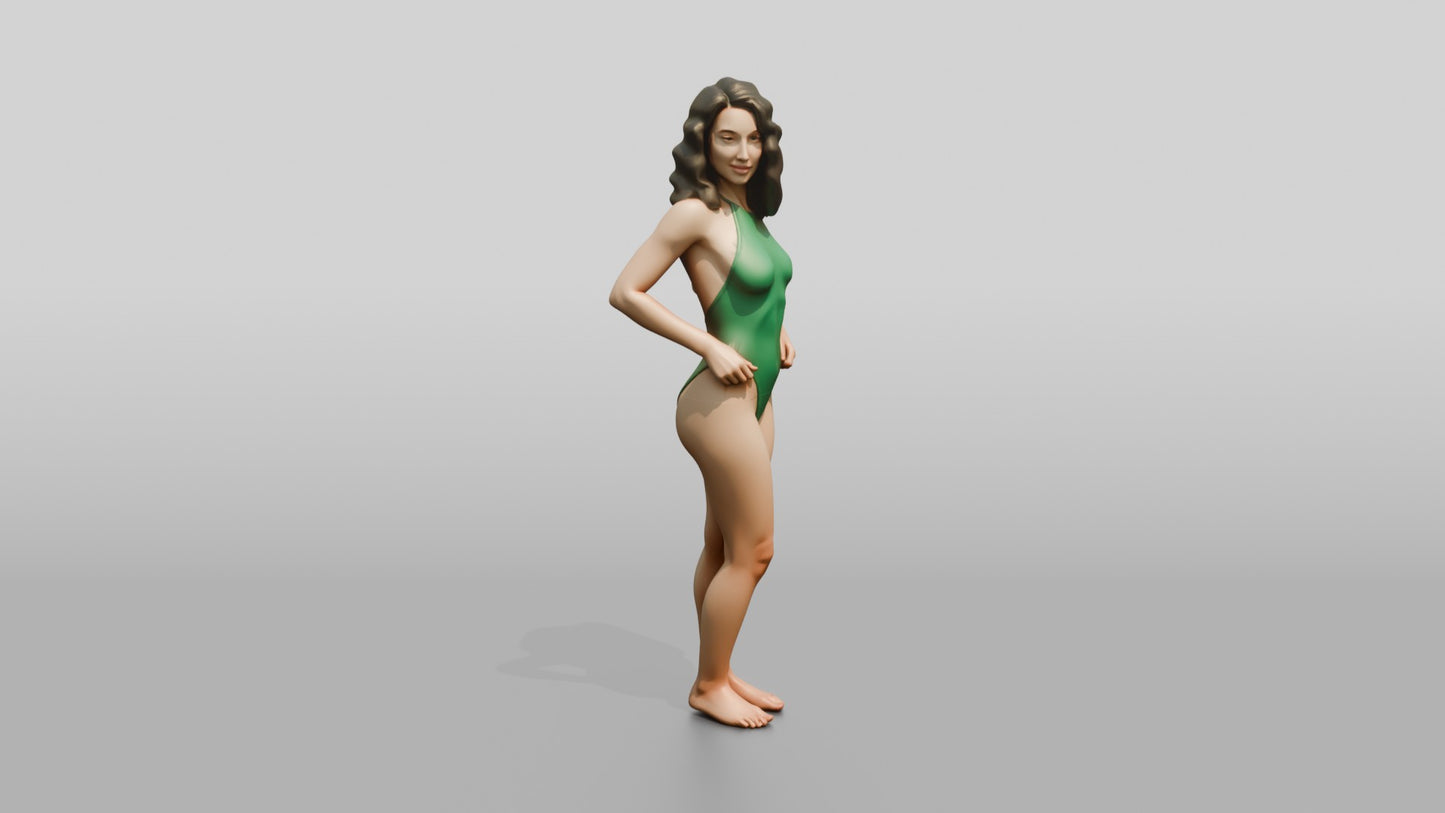 Woman in Green One-Piece Swimsuit with Hand on Hip