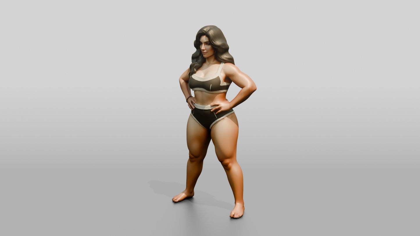 Curvy Woman in Taupe Two-Piece Swimsuit Wide Stance