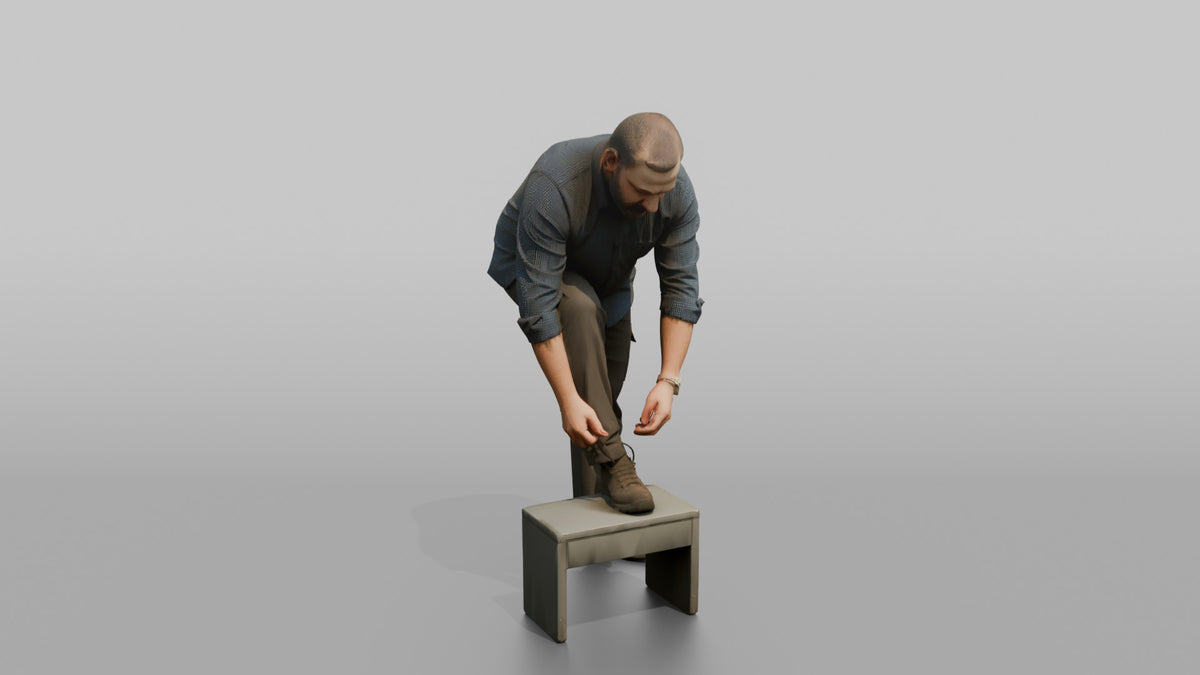 Father Tying His Own Shoelace, One Foot Resting On A Low Step - 3D character model, view 2