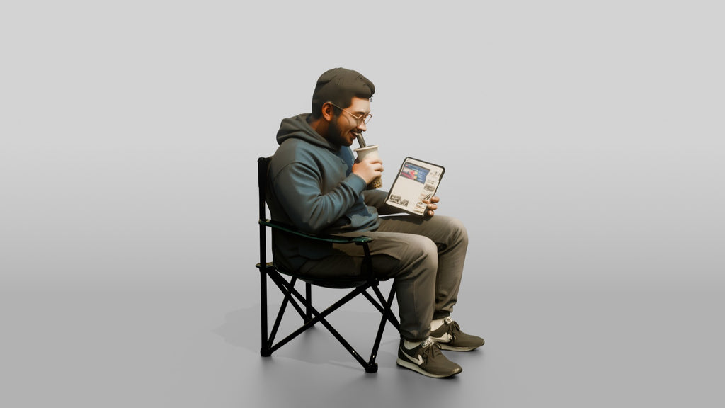 Chinese Man Relaxing with Bubble Tea and Tablet