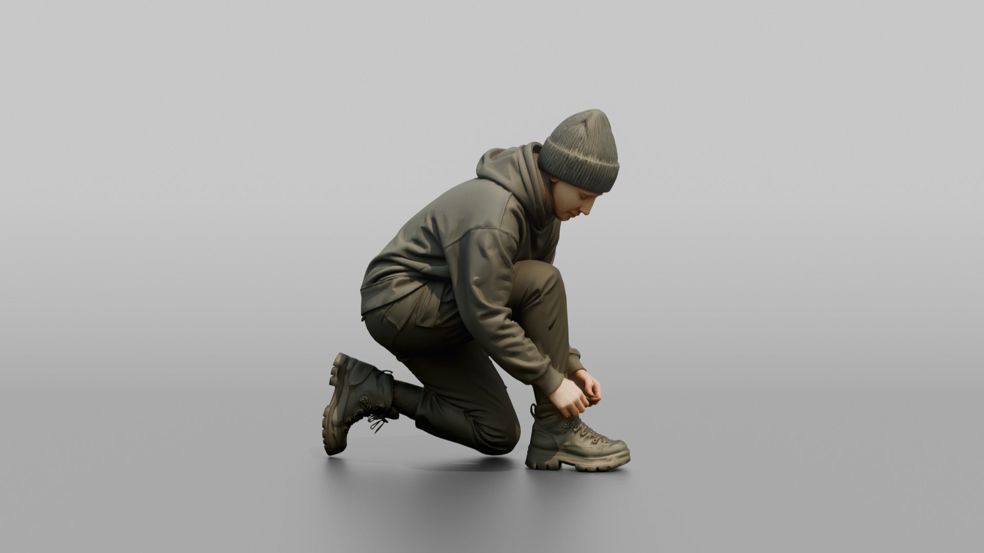 Woman Kneeling to Adjust Her Boots