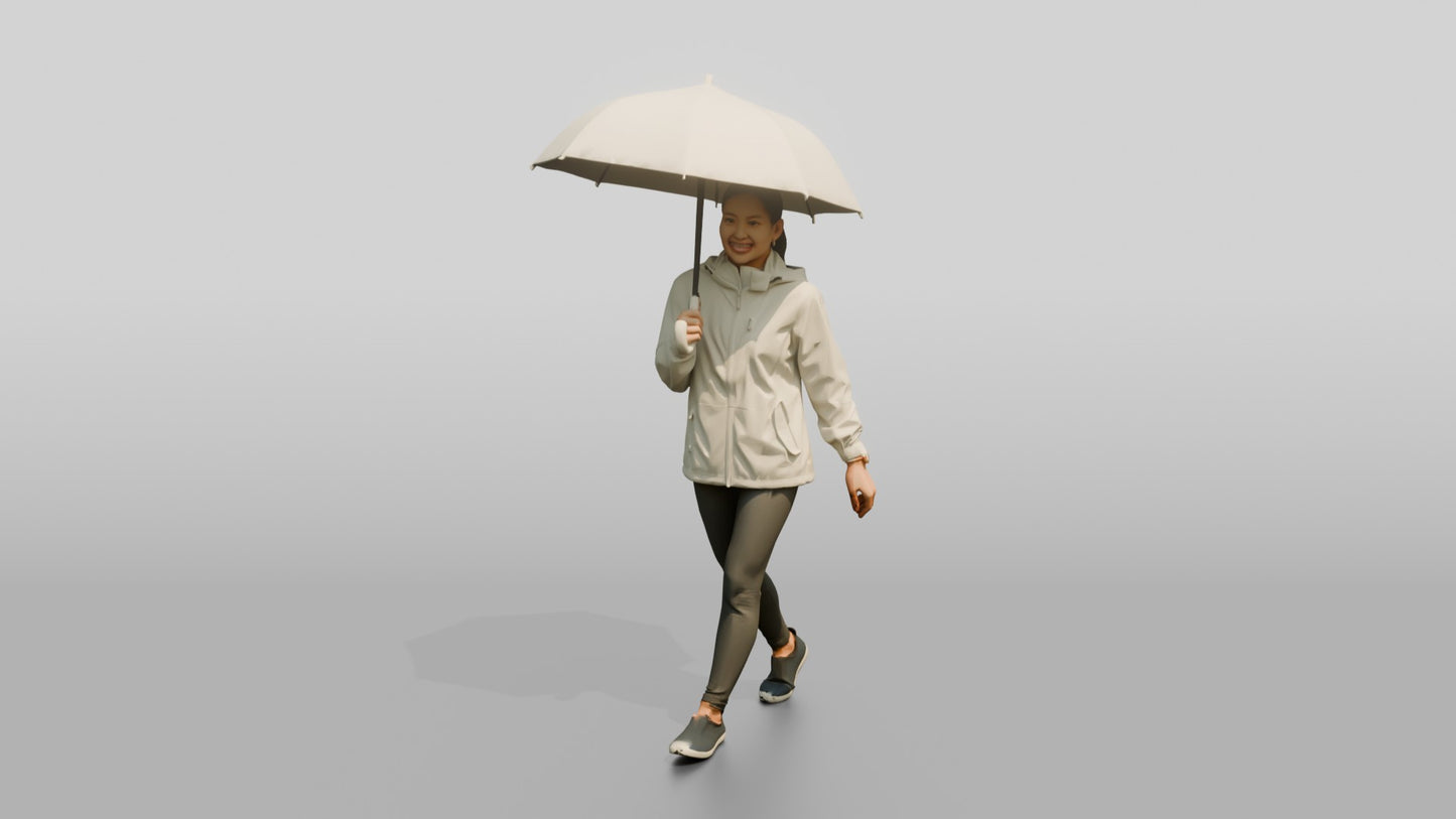 Southeast Asian Woman Walking with Clear Umbrella