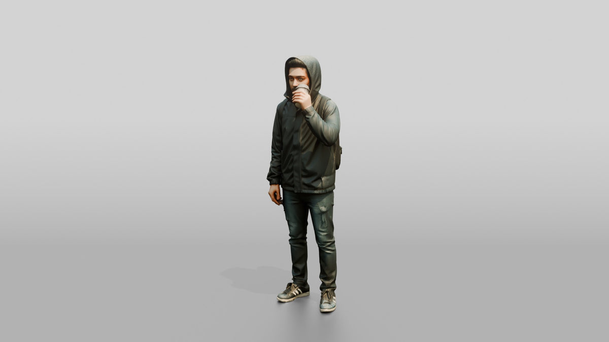 Black Man in Hooded Jacket Drinking Coffee - 3D character model, view 4
