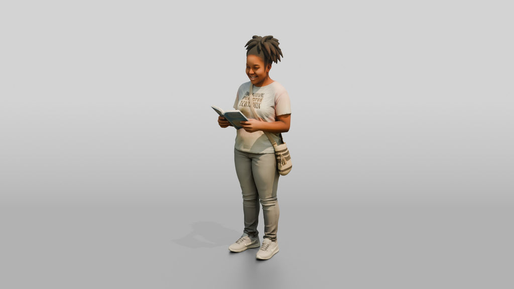 Plus-Size Black Woman with Dreadlocks Standing Reading a Book