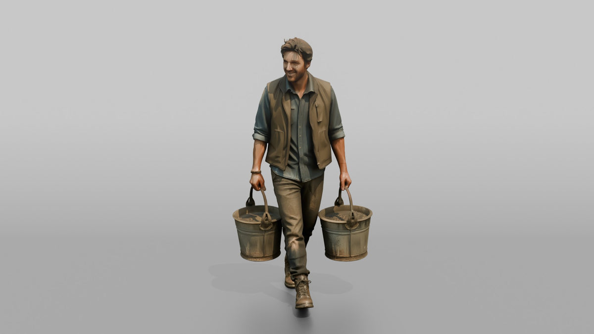 Farmer Carrying Pair Of Heavy Iron Bucket Pails - 3D character model, view 4