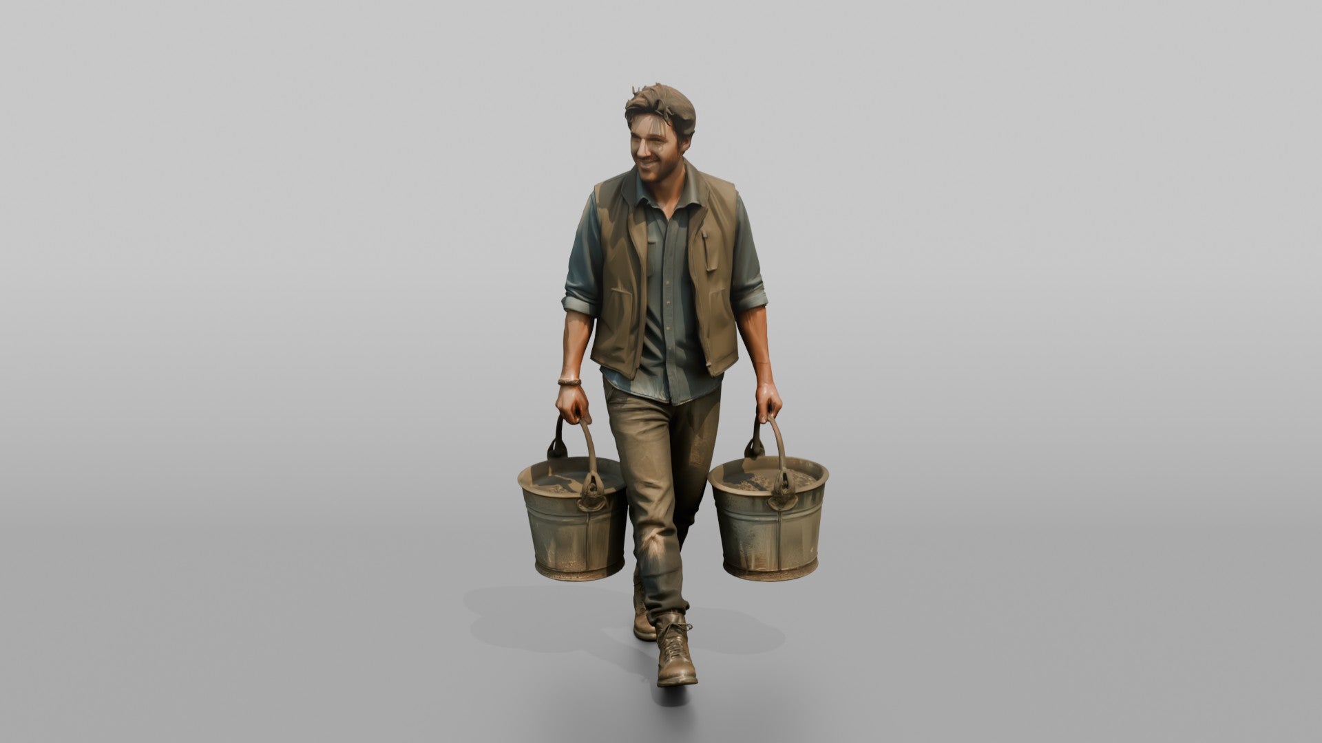 Farmer Carrying Pair Of Heavy Iron Bucket Pails