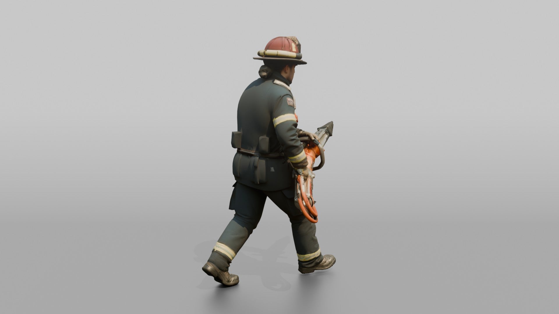 Firefighter Man Carrying a Heavy Rescue Ram Tool