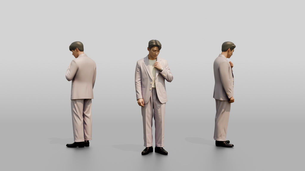 Man Adjusting Collar in Lavender Suit