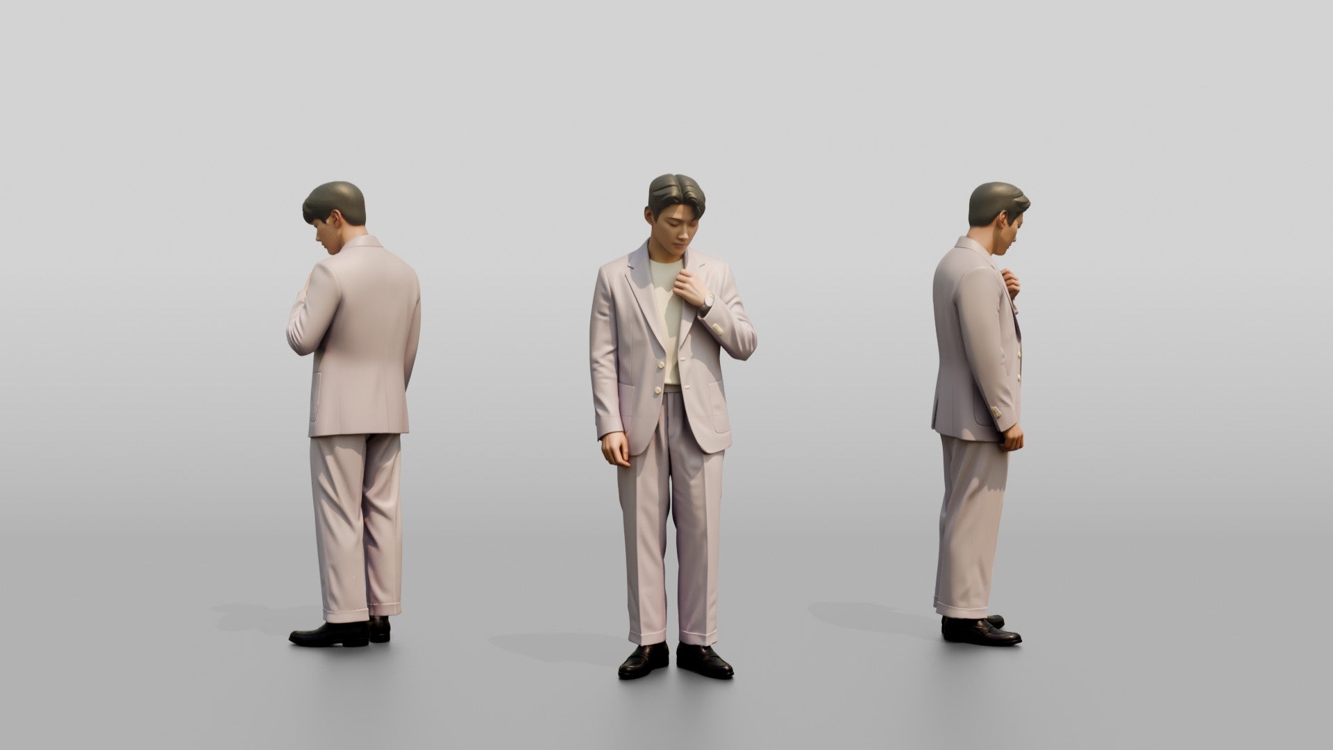 Man Adjusting Collar in Lavender Suit