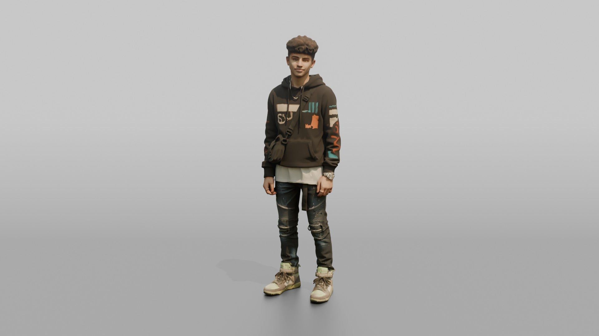 Middle Eastern Teen in Graphic Hoodie with Crossbody Bag