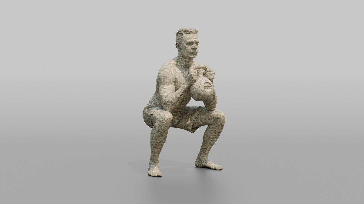 Weightlifter Man Holding A Kettlebell In A Goblet Squat Position - wireframe topology preview