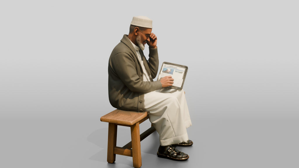 Elderly African Man Reading a Tablet on a Bench