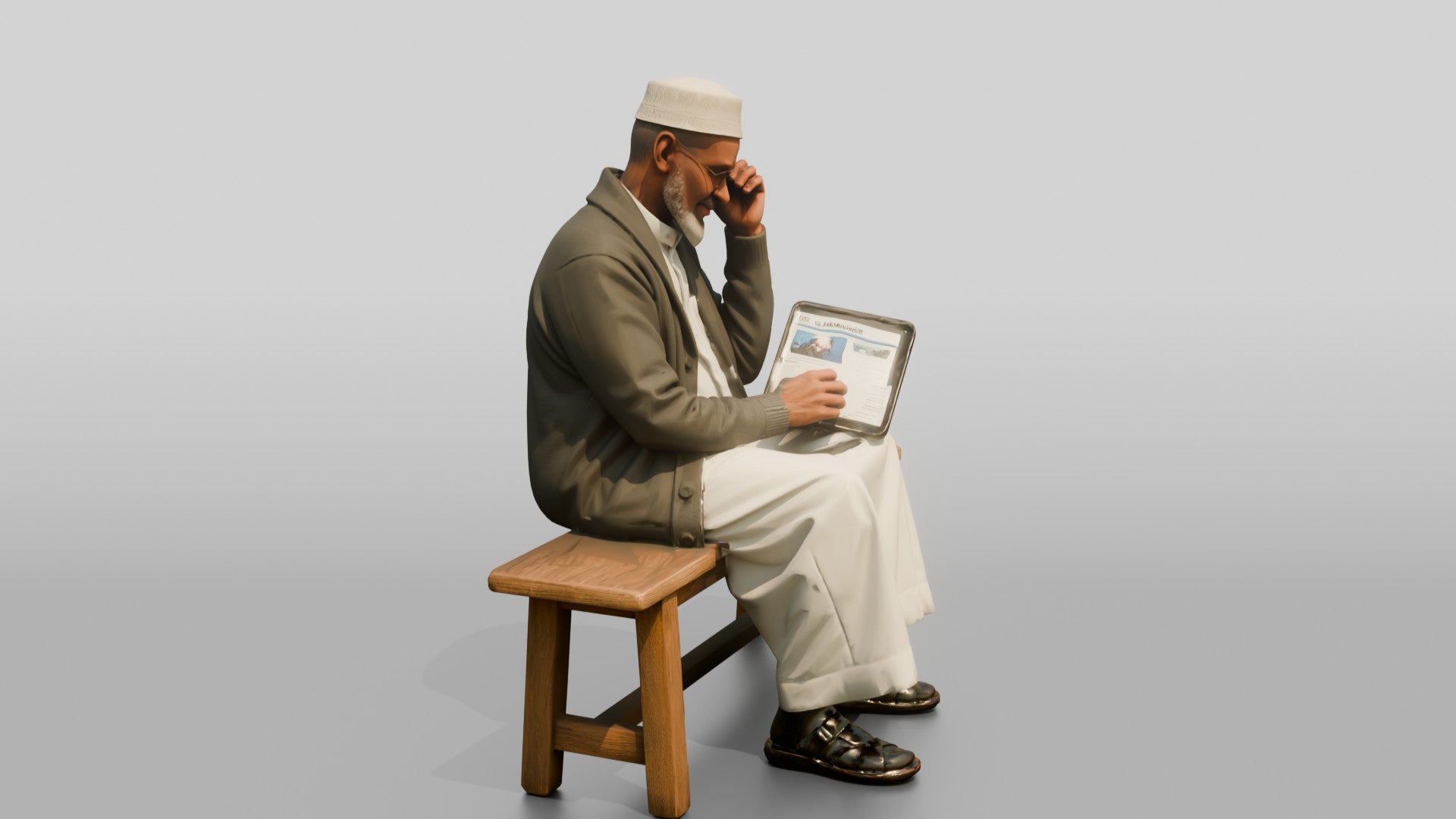 Elderly African Man Reading a Tablet on a Bench