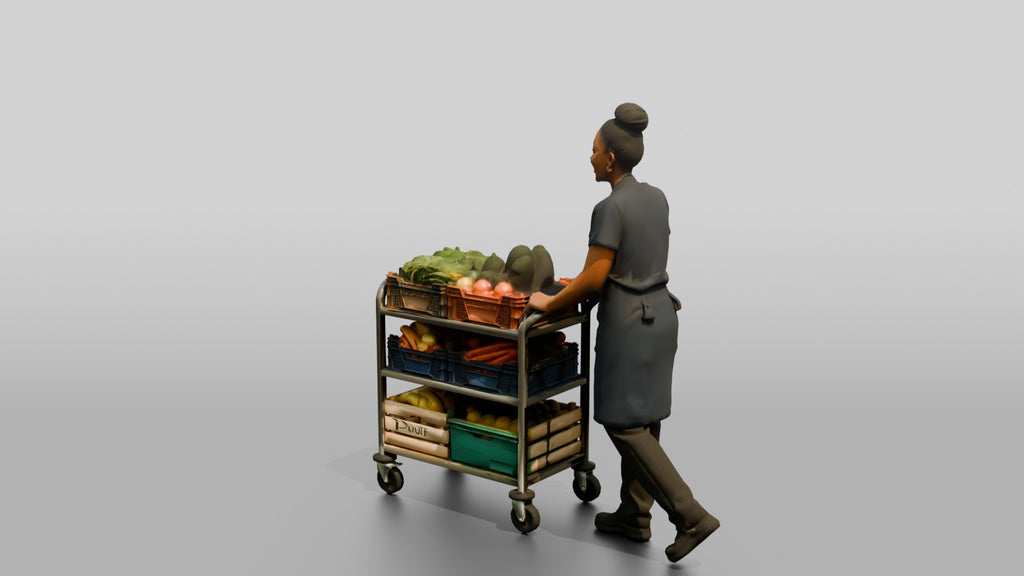 Kitchen Assistant Wheeling a Produce Cart