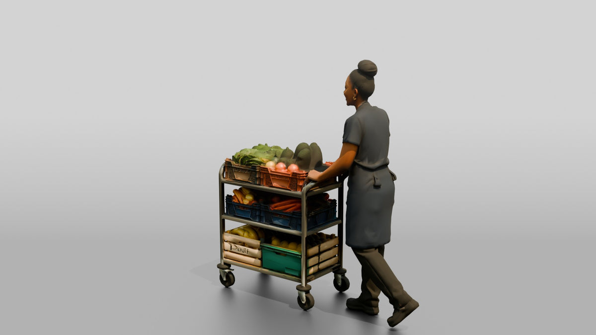 Kitchen Assistant Wheeling a Produce Cart - 3D character model, view 4