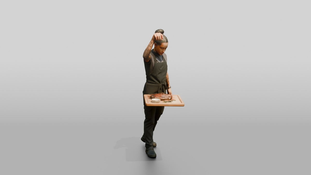 Cook Sprinkling Sea Salt on Steak - 3D character model, view 2