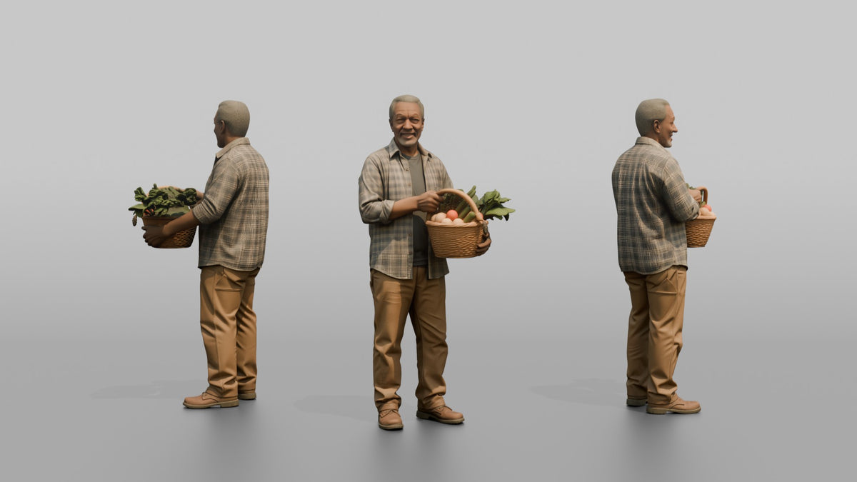 Grandfather Carrying A Wicker Garden Basket Of Vegetables - 3D character model, view 1