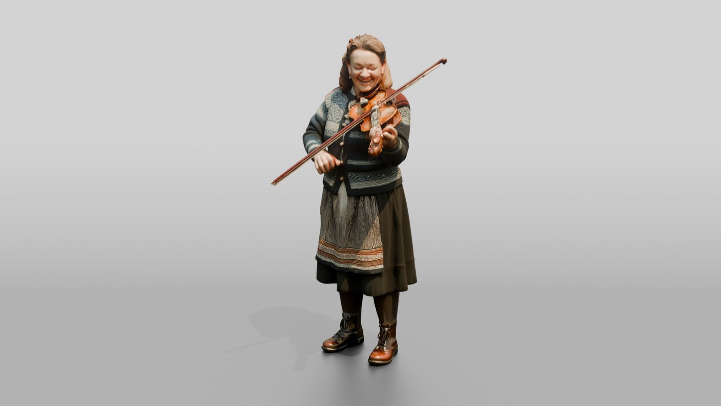 Norwegian Woman Playing Fiddle Outside a Cafe