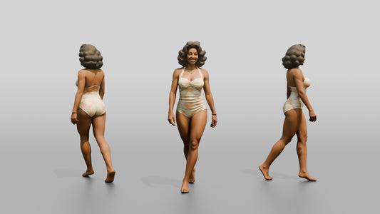 Woman in Cream Swimsuit Walking Barefoot - 3D character model
