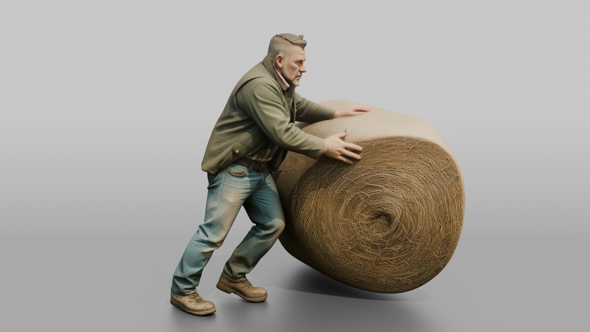 Farmer Rolling Large Round Hay Bale