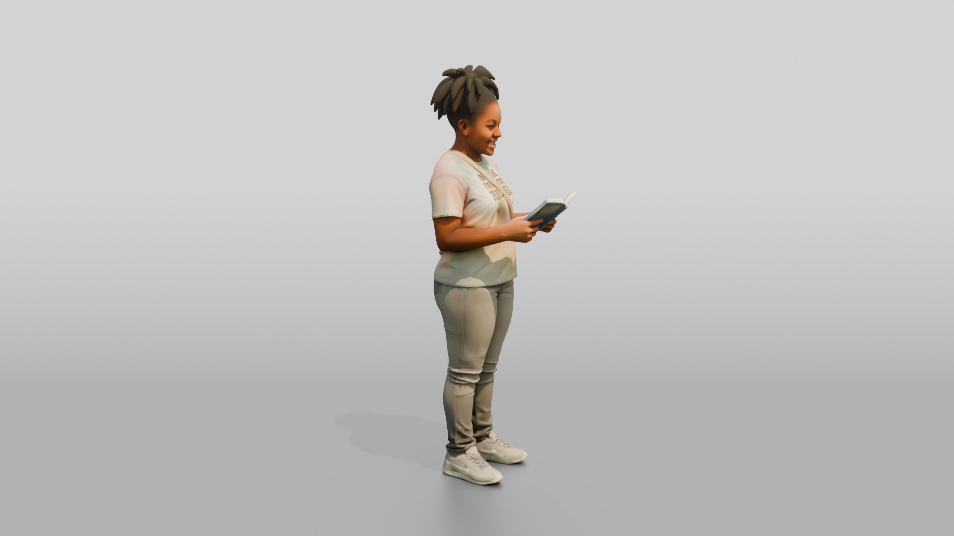 Plus-Size Black Woman with Dreadlocks Standing Reading a Book