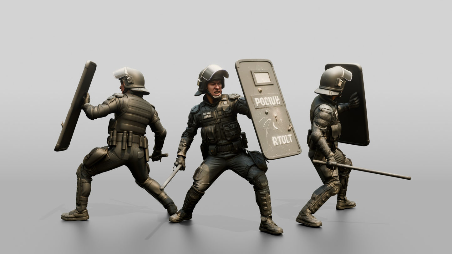 Riot Police Officers Advancing with Shields