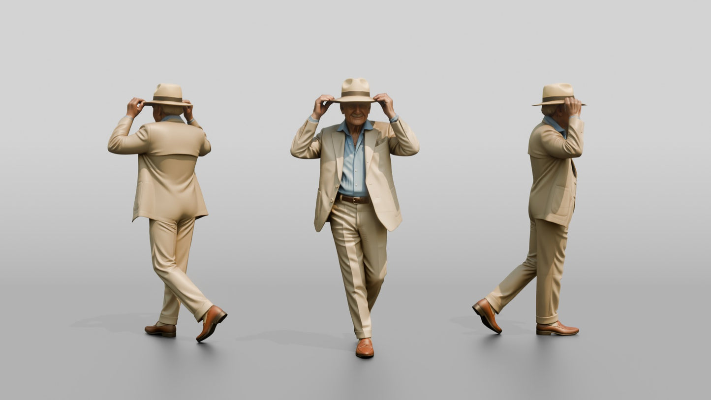 Elderly Slender Italian Gentleman Adjusting His Panama Hat
