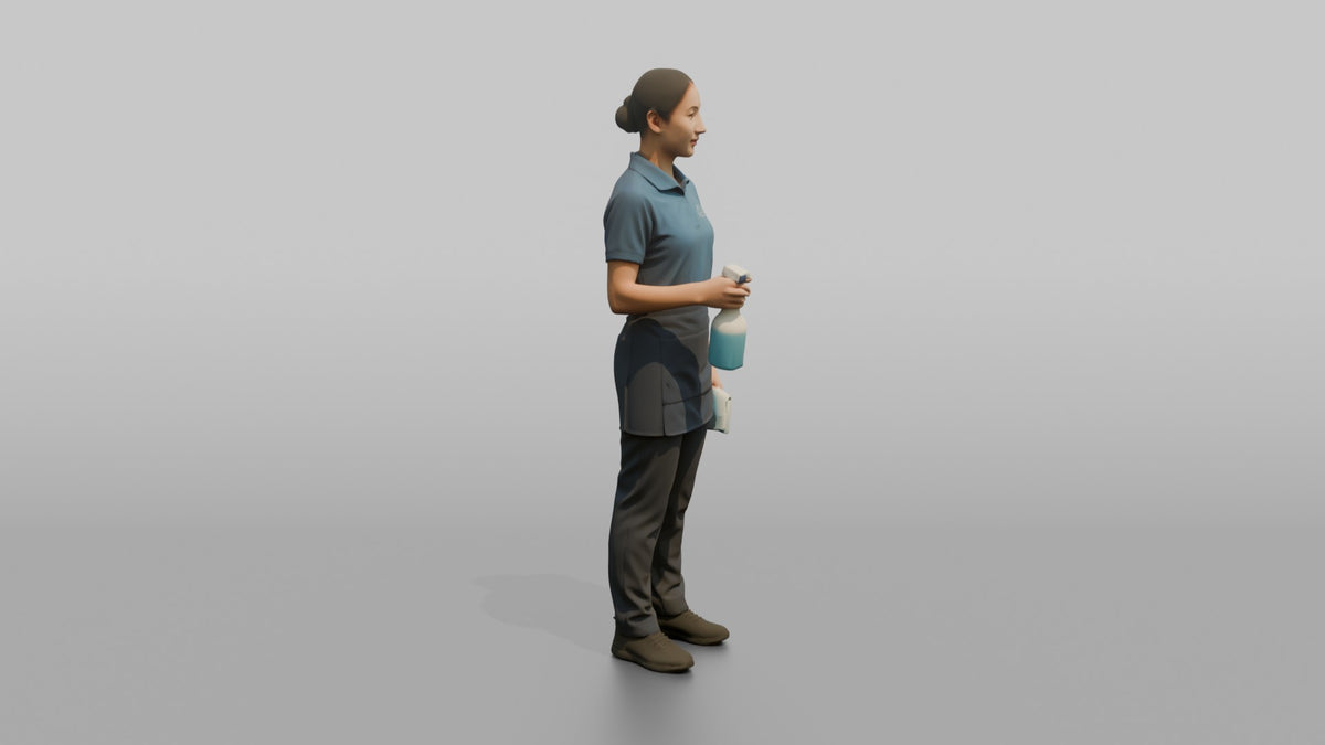 Housekeeping Staff Man Holding A Spray Bottle And Cloth - 3D character model, view 2