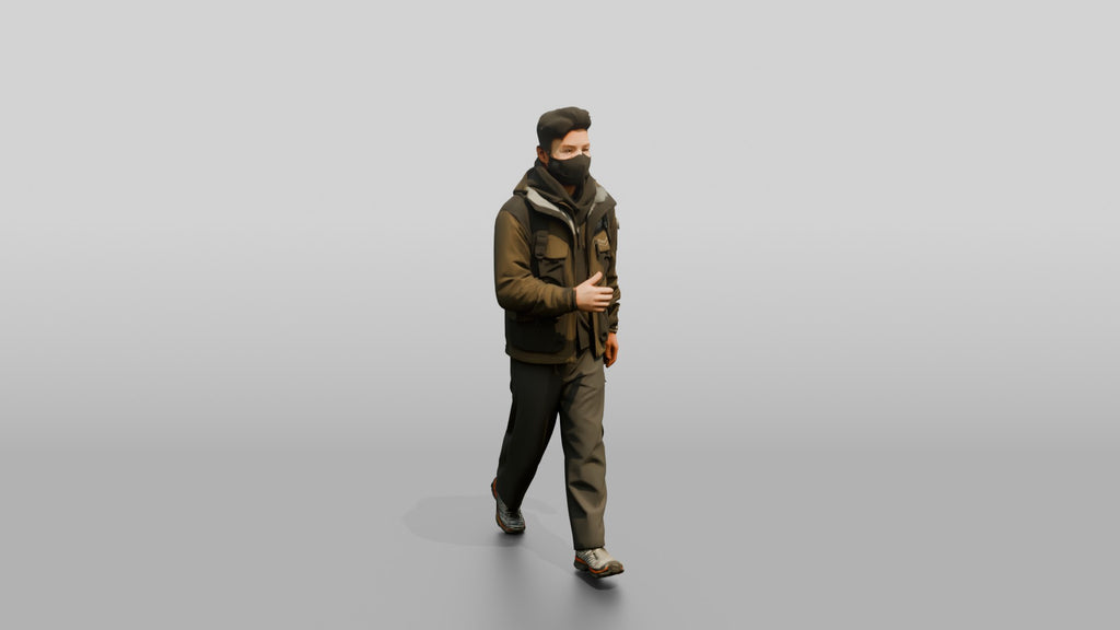 Techwear Man Walking in Layered Jacket