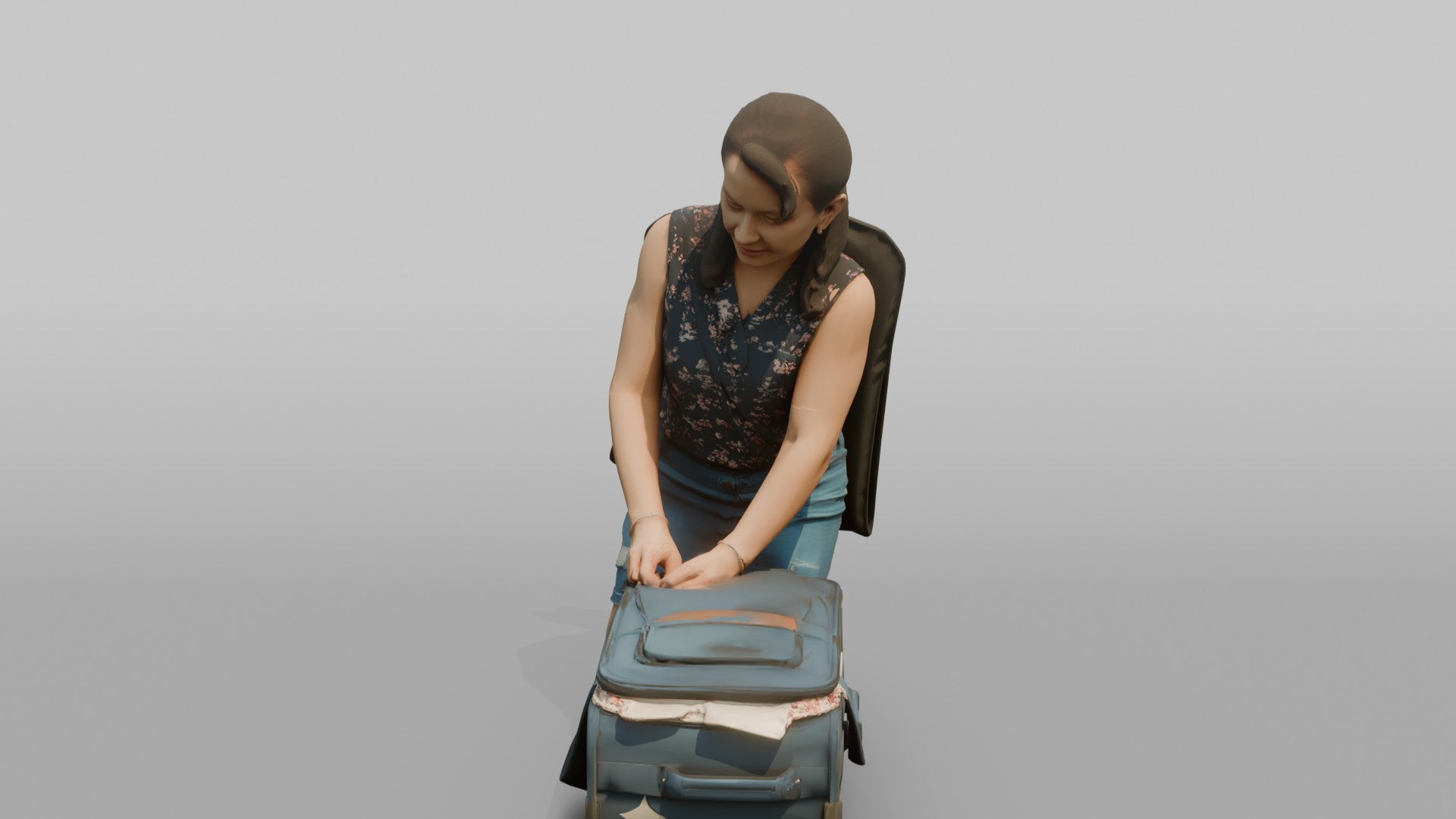 Traveler Kneeling To Zip Her Suitcase