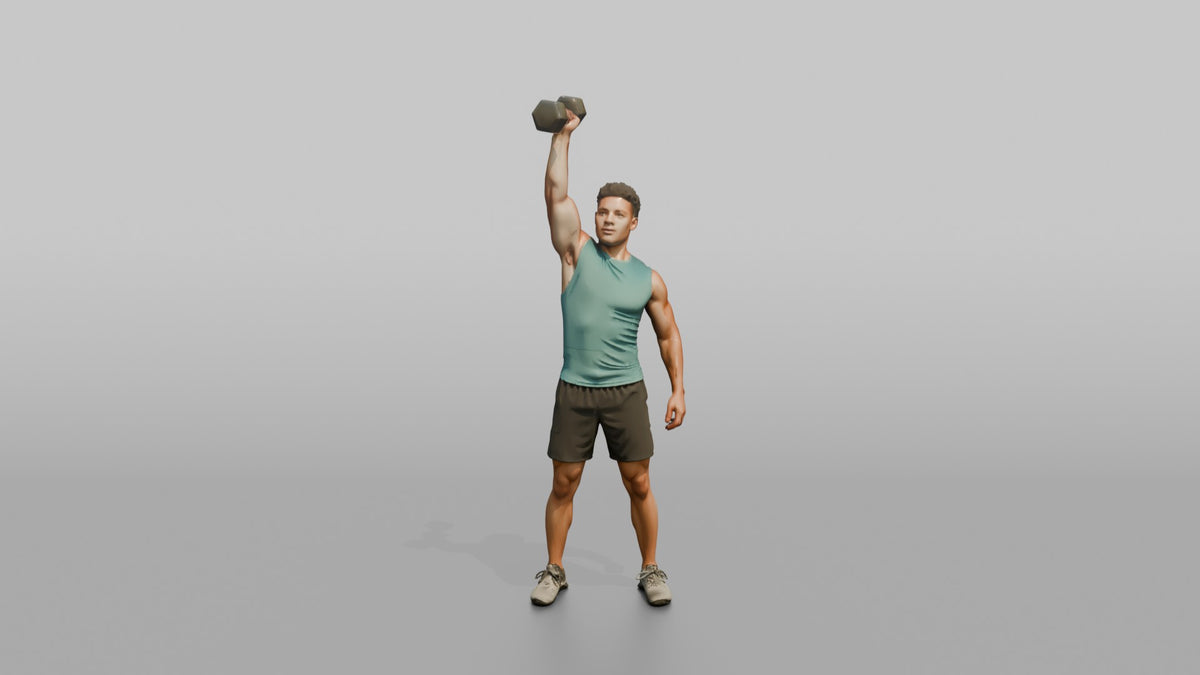 Weightlifter Man Pressing A Dumbbell Overhead With One Arm - 3D character model, view 5