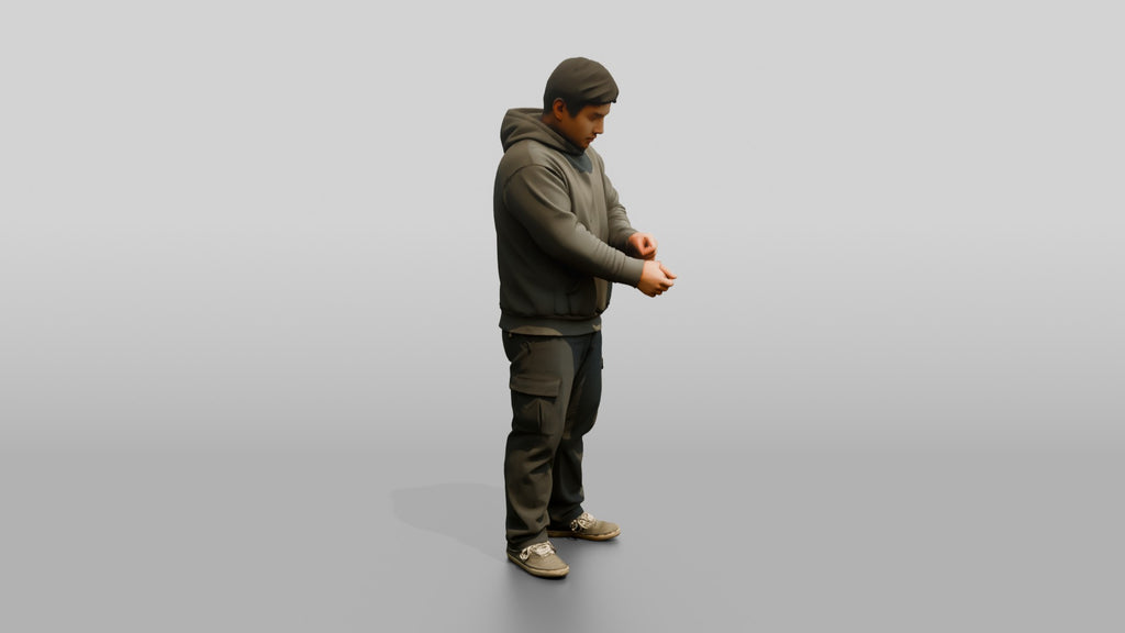 Homeless Man Adjusting His Worn Hoodie