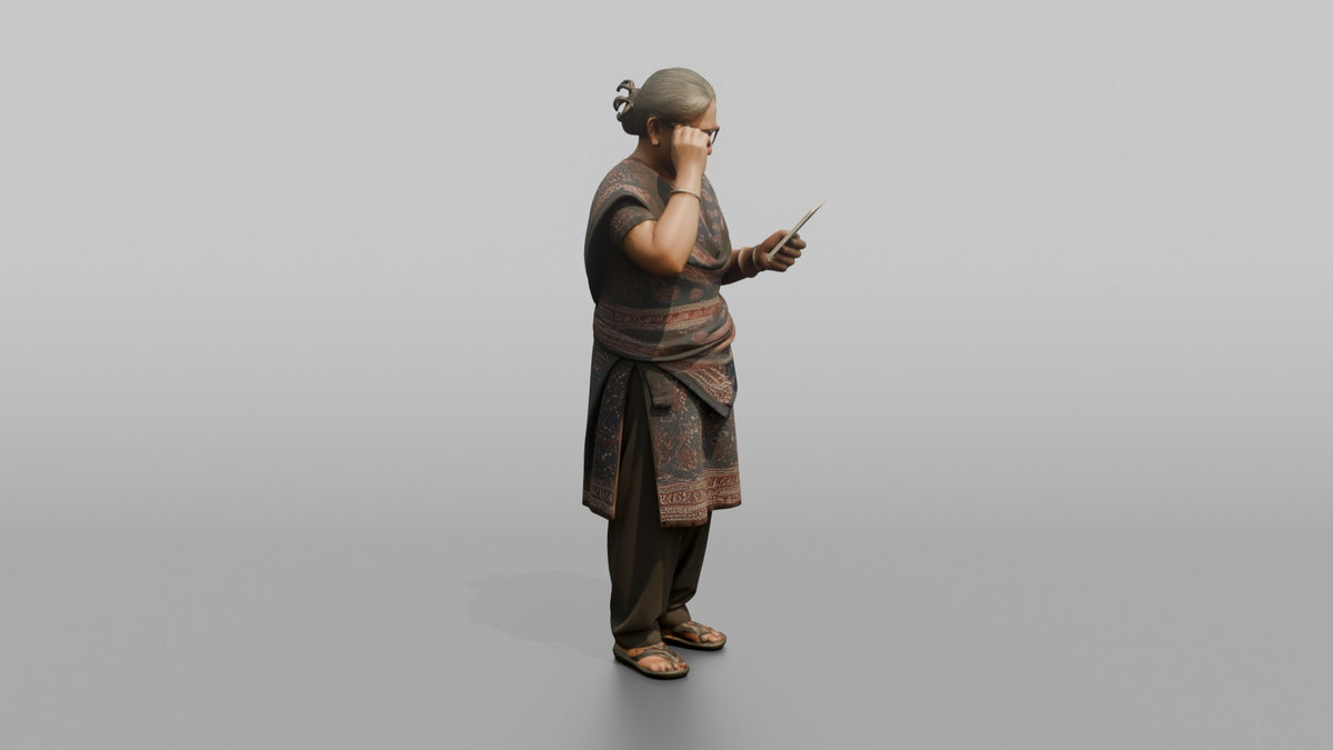 Grandmother Adjusting Her Glasses While Reading A Recipe Card - 3D character model, view 2