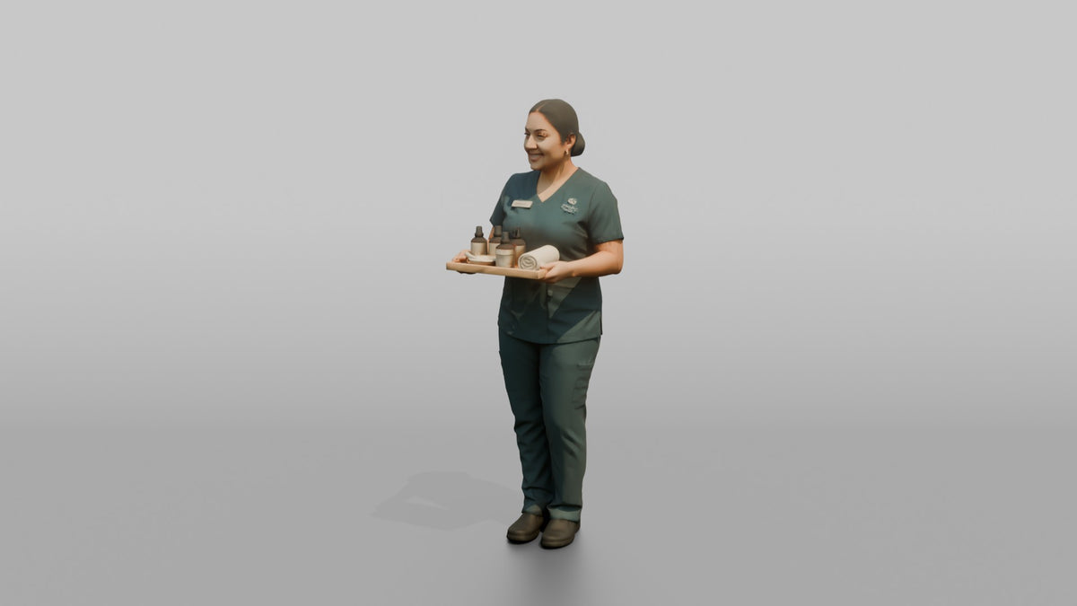 Esthetician Man Holding A Small Tray Of Skincare Products - 3D character model, view 4