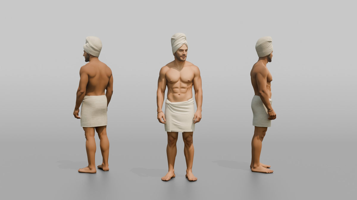 Spa Client Man Standing With A Towel Wrapped Turban-style Around The Head - 3D character model, view 1