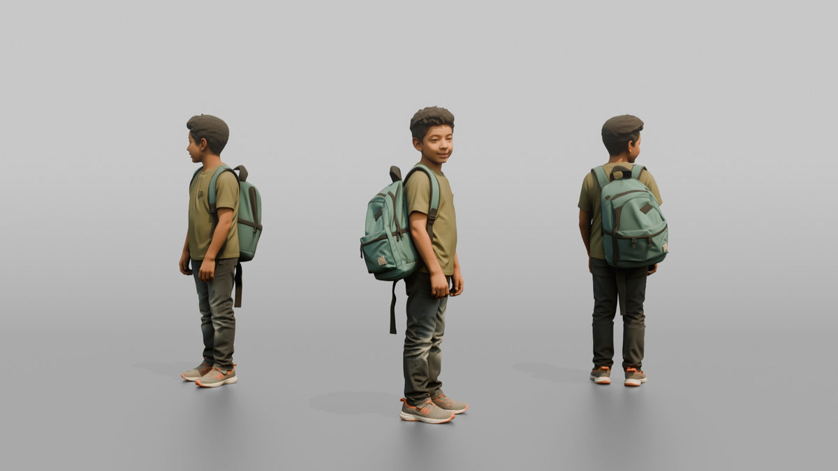 Son Carrying A Backpack By One Strap Over His Shoulder - 3D character model, view 1