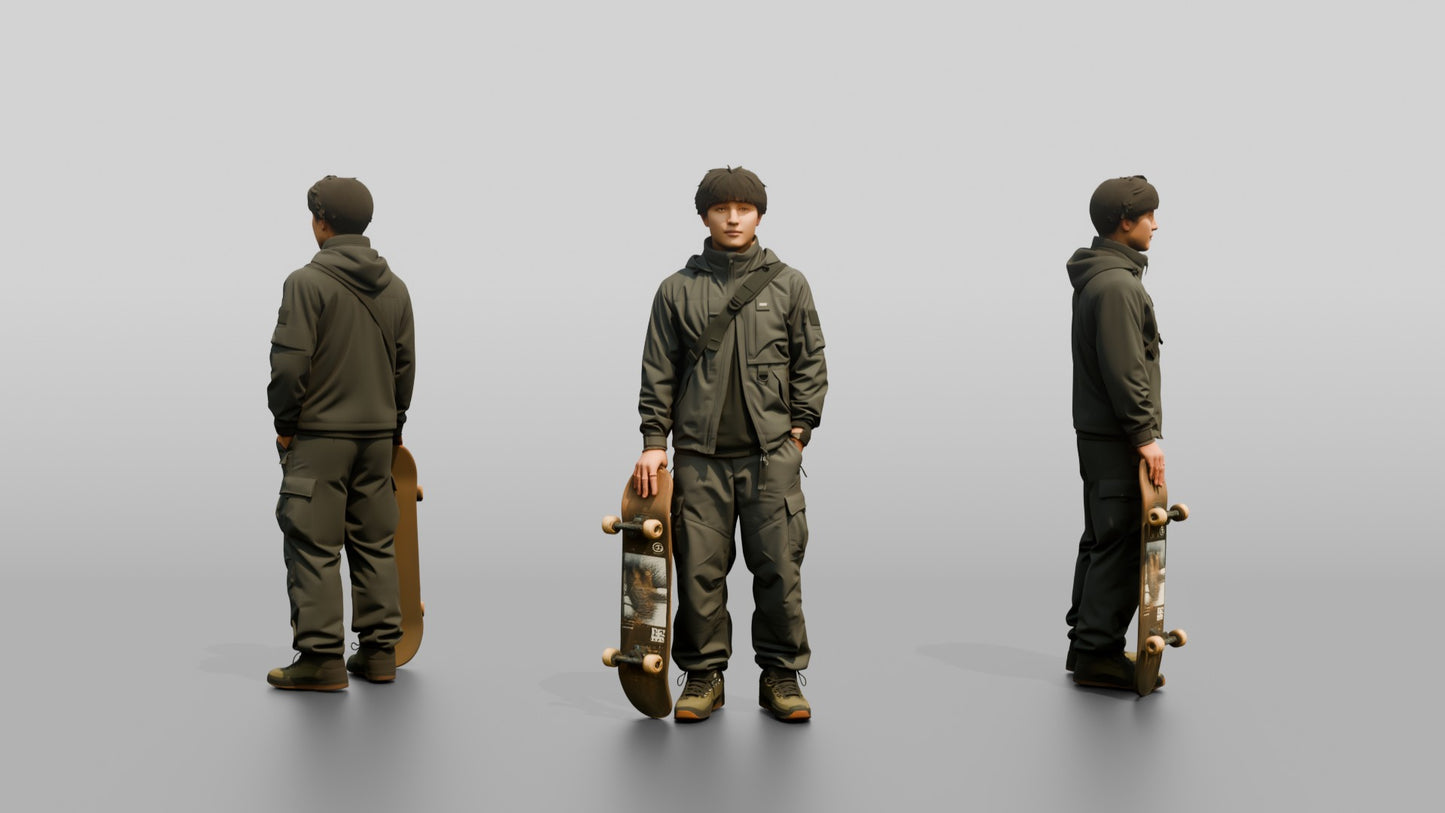 Skater Man in Technical Jacket with Skateboard
