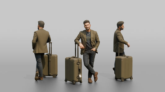 Vacationer Leaning On Large Spinner Suitcase - 3D character model