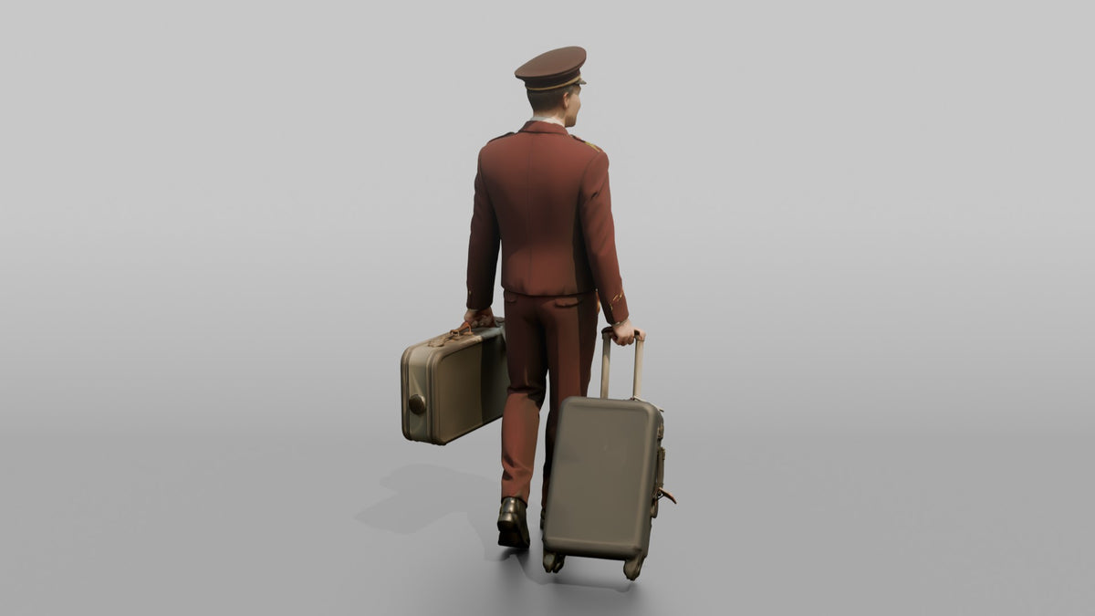 Bellhop Man Carrying Two Suitcases, One In Each Hand - 3D character model, view 3