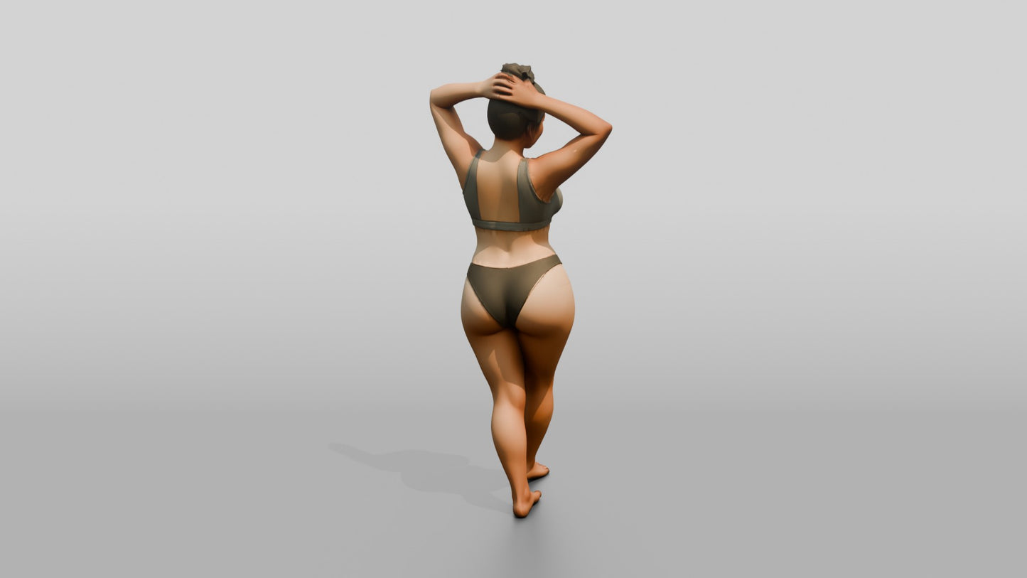 Curvy Woman in Olive Two-Piece Swimsuit Arms Raised