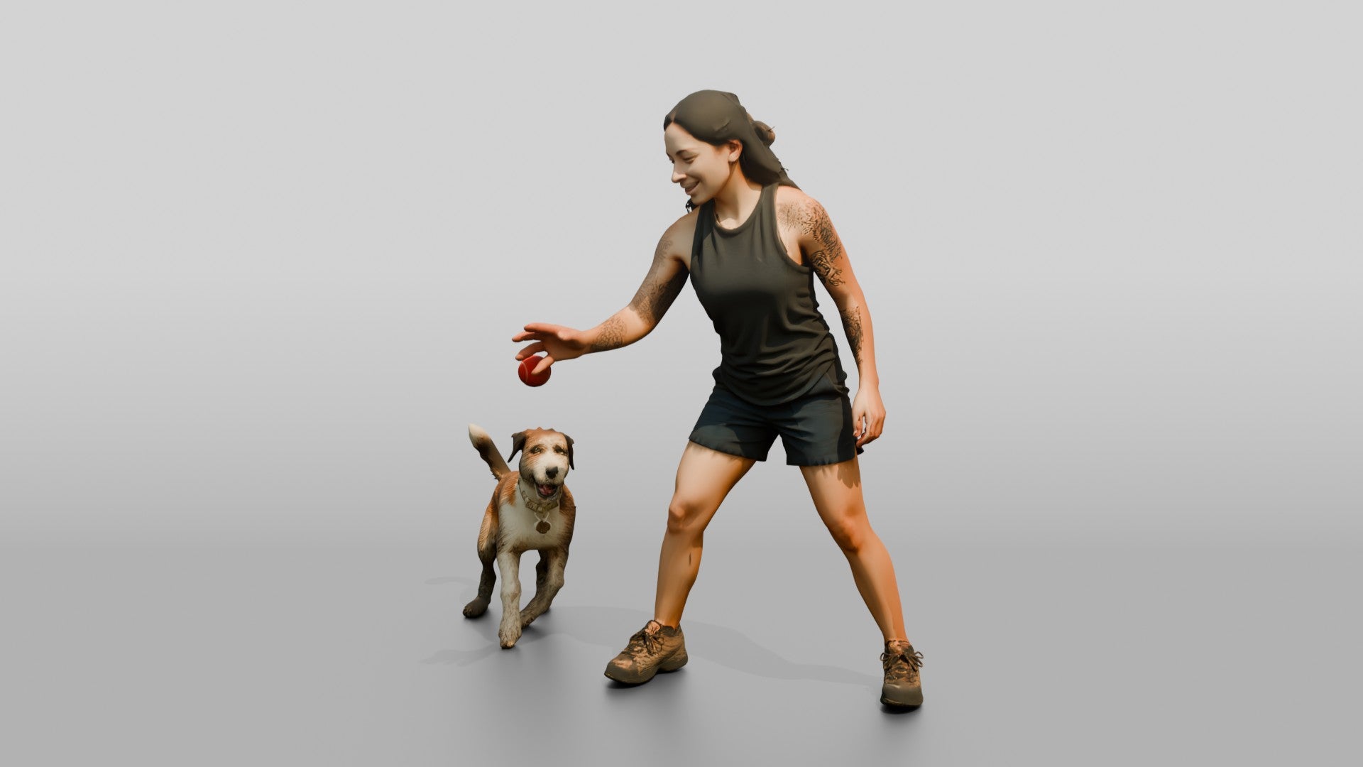 Homeless Woman Tossing a Ball for a Stray Dog