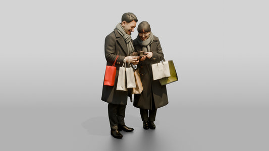 Couple Comparing Jewelry After Shopping - 3D character model, view 1