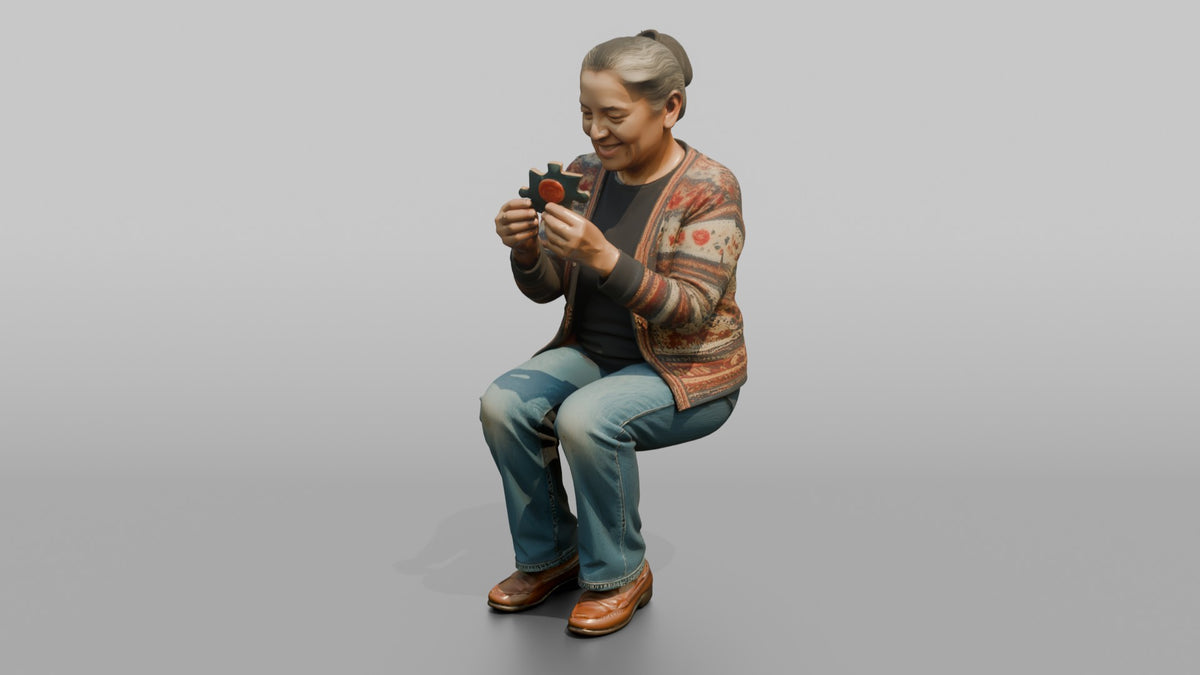 Grandmother Holding A Jigsaw Puzzle Piece, Examining It - 3D character model, view 4