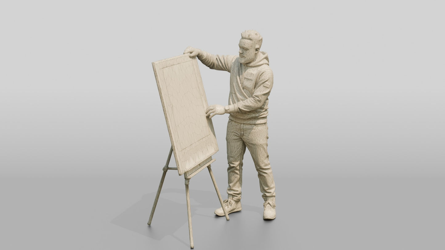 Man Presenting Artwork on an Easel