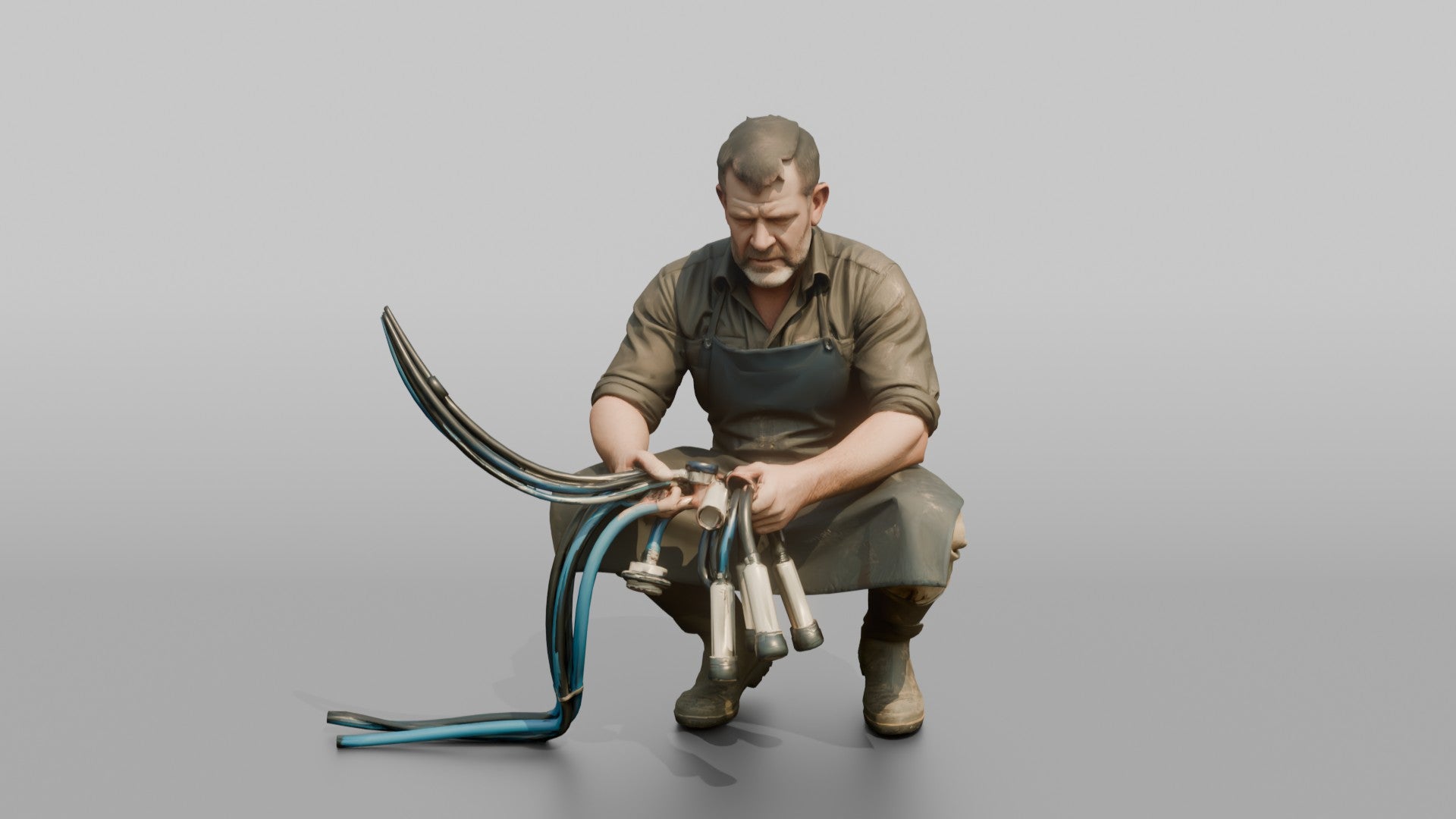 Farmer Crouching Down Holding Automated Milking Apparatus Equipment