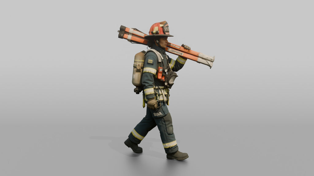 Firefighter Woman Carrying a Rescue Tripod Frame